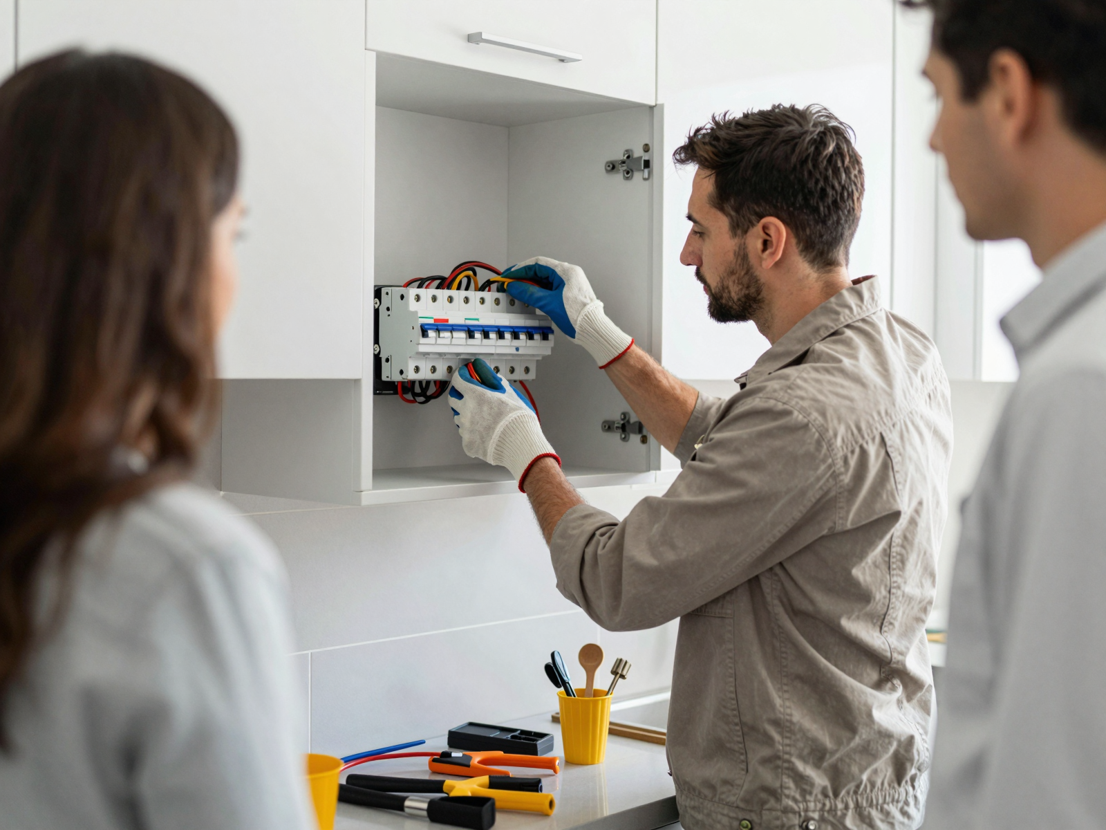 Licensed electrician installing circuit breaker panel