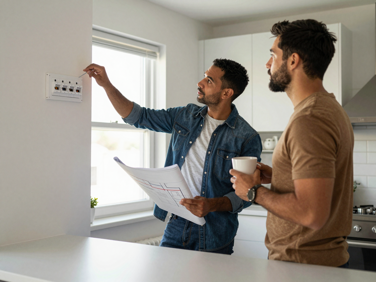 Professional electrician providing consultation at home